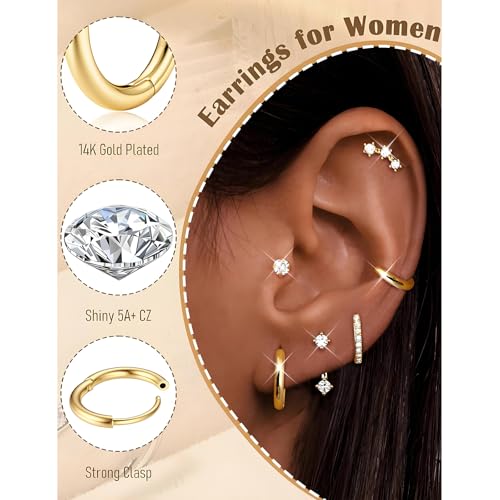 Gold Stud Earrings Set for Women, Hypoallergenic Surgical Steel Earrings for Sensitive Ears, 14K Gold Plated Flat Back Cartilage Stud Earrings, Dainty Birthstone Trendy Stainless Steel Hoop Earrings Women Fashion Accessories Jewelry Gifts﻿2