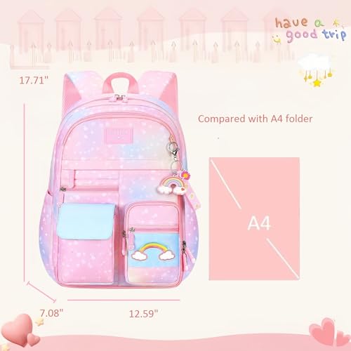 Heart Star Print Purple Girls Backpack for Elementary School Kids Bookbag with Chest Buckle Rainbow Backpack with Multi-Pockets3