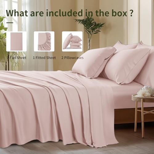 Image of Shilucheng 6 Piece Queen Sheet Sets, Cooling Sheets, Blend Rayon Derived from Bamboo, Deep Pocket Up to 16 inch, Breathable & Soft Bed Sheets, Hotel Silky Bedding Set, Light Pink