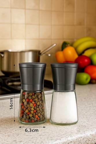 Salz- und Pfeffermühlen-Set in elegantem Black Design, Magnetischer Verschluss, Keramik-Mahlwerk, mit Bambus-Unterteller