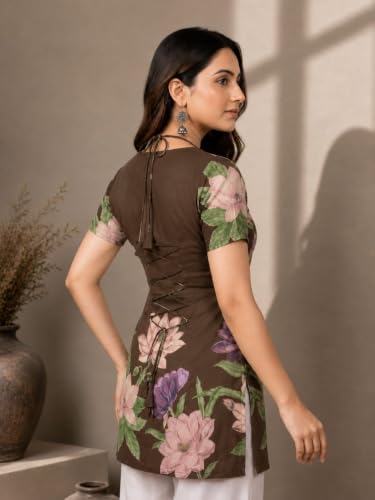 Image of Women's Floral Laila Cut Short Kurti Cotton V-Neck with Lining, Lightweight Short Sleeve Tunic, Breathable, Casual & Office Wear
