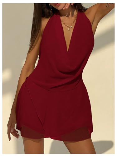 Image of RoseSeek Women's Draped Halter Flared Party Dress Backless Mini Dresses