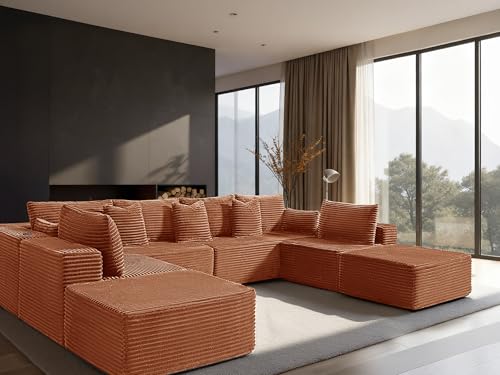 Image of 138 inch Cloud Sectional Couch, Comfort U Shaped Sofa for Living Room, Extra Deep Seats No Assembly, Minimalist Modular Couch, Corduroy (Deep Orange, 8 Seats,U-Shape A)