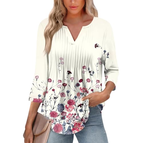 3/4 Sleeve Shirts for Women Summer V Neck Tops Going Out Floral Print Shirts Casual Ruched Elbow Sleeve Blouses 2025