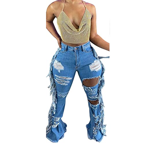DGHM-JLMY Women's Ripped Fringed Denim Trousers Casual Side Tassel Long Denim Pants Skinny Frayed Destroyed Jeans Stretch2
