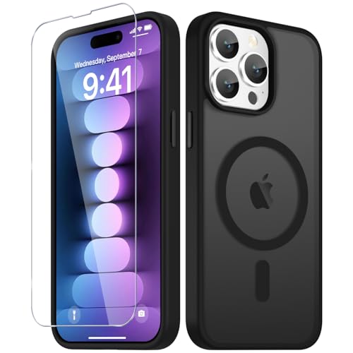 Image of YENAPOON for iPhone 15 Pro Max Case, Matte Magnetic Phone Cover [with 1 Screen Protector] [Support for MagSafe] [Shockproof Military Grade Protection] Translucent Frosted Back, Black