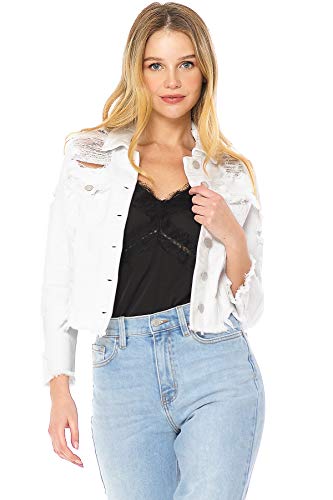 Cello Jeans Women's Juniors Heavy Distressed & Ripped Jean Jacket (L, White)