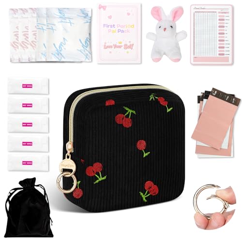 Image of First Period kit for Girls, Corduroy Cute Sanitary Napkin Storage Bag, Menstrual Pad Bag Tampon Holder for Purse, First Period Gifts (Cherry-Black)