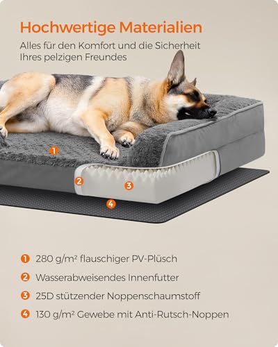 Feandrea Orthopädisches Hundebett für große Hunde, wasserdichtes Hundesofa mit abnehmbarem Plüsch-Bezug, 122 x 85 x 16 cm, schiefergrau PGW254G02
