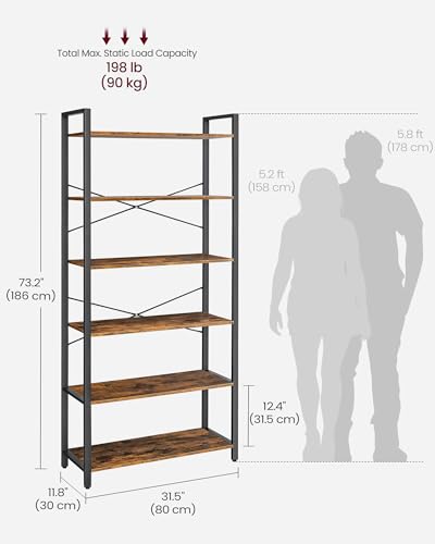Image of VASAGLE 6-Tier Bookshelf, Bookcase with Steel Frame, Book Shelf for Living Room, Home Office, Study, 11.8 x 31.5 x 73.2 Inches, Industrial Style, Rustic Brown and Ink Black ULLS082B01