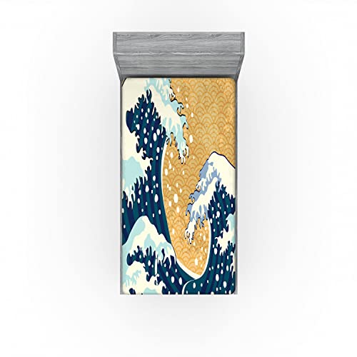 Ambesonne Japanese Wave Fitted Sheet, Sea Storm In Japan Traditional Drawing Foamy Waves, Bed Cover With All-Round Elastic Deep Pocket For Comfort, Twin Xl Size, Yellow Blue #TOP2