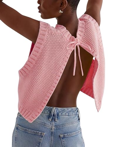 Image of Women's Crewneck Sweater Tank Sleeveless Tie Up Vest Backless Slit Knit Crop Tops Y2K Casual Trendy Outfits Pink, Large