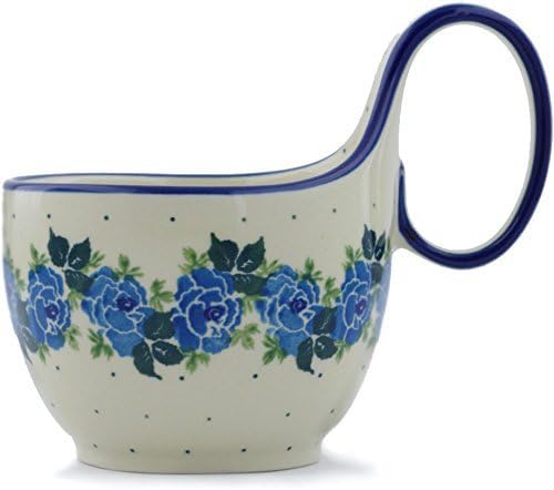 Polmedia Polish Pottery Bowl with Loop-Handle 6-inch - Blue Rose Pattern Handmade in Boleslawiec Poland by Ceramika Artystyczna + Certificate of Authenticity