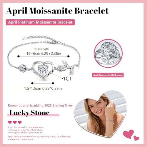 Image of 1CT Rose Heart Bracelet Moissanite Lab-Grown Sapphire Ruby Emerald&More 18K White Rose Gold Plated Anniversary Birthday Gift for Wife Girlfriend Mom Daughter Mothers Day Gift for Mom