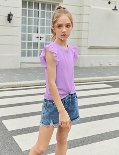 Image of Arshiner Girls Shirt - Short-Sleeve Twist Front T-Shirt for Girls with Cute Flying Sleeves - Summer Blouse Tunic Tee Tops