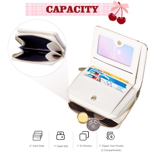 Sunwel Fashion Women Cute Print Wallets with Credit Card Slots ID Window & Zipper Coin Pouch (CHERRY BOW CREAM)2
