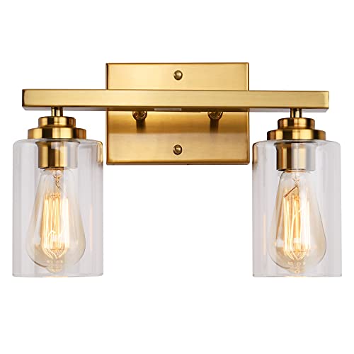 Bathroom Vanity Light, Wall Sconces 2 Lights, Vintage Vanity Lighting Fixture, Over Mirror Light with Clear Glass Shades for Hallway, Kitchen, Living Room, Bedroom, Brass