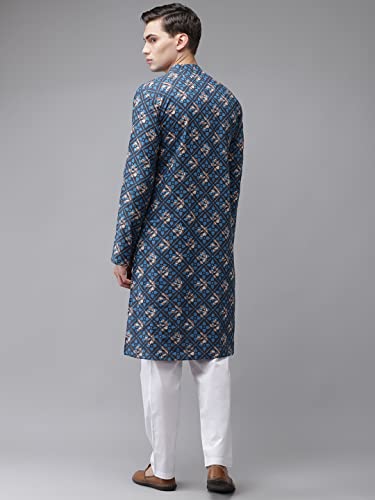 Image of See Designs Blue & White Cotton Regular Fit Mandarin Collar Printed Kurta Set