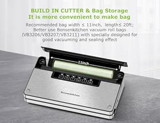 Bonsenkitchen Vacuum Sealer Machine, Stainless Steel Food Sealer Vacuum Sealers with 1 Roll & 5 Bags, 5 Food Vacuum Modes, Built-in Cutter & Bag Storage (Silver Black)