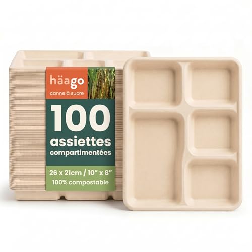 HAAGO 100 Assiettes Solides Compostables à 5 Compartiments 26×21cm – Plateaux Repas Rigides en Bagasse de Canne à Sucre, Anti-Graisse & Anti-Fuites –...