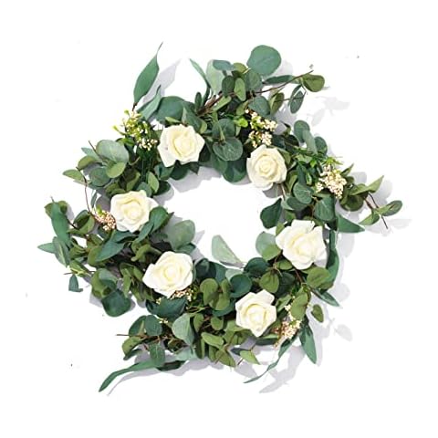 MISSPIN 16 Inch Artificial Eucalyptus Wreath with Pink Berries for Spring/Summer Decoration on Front Door,Indoor Decor, Greenery Wreath for Window Wall Home Decoration (White Rose) Cover