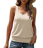 Veatzaer Women V Neck Tank Tops Summer Ribbed Sleeveless Casual Tops Loose Fit Banded Bottom Shirts Beige
