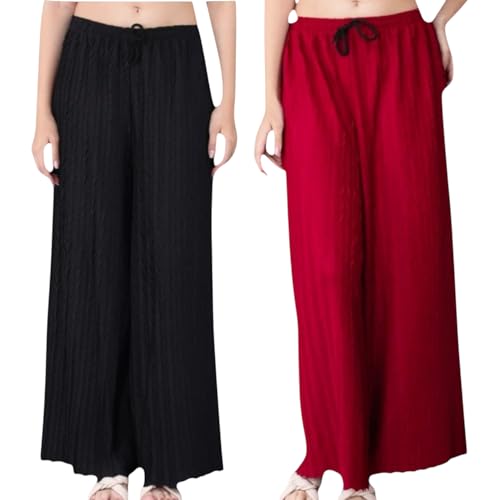 Image of Women Wide Leg Palazzo Pants Combo Pack of 2 |Trousers for Women | Loose Fit Textured Palazzo Pants for Women & Girls | Casual Lounge Travel Wear