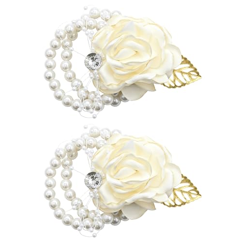 TAIANJI 2PCS Floral Wedding Wrist with Rhinestone and Pearl Wedding Wrist Rose Bride Bridesmaid Wristlet with Rhinestone and Pearl for Party Prom Decor Bride and Groom (White)