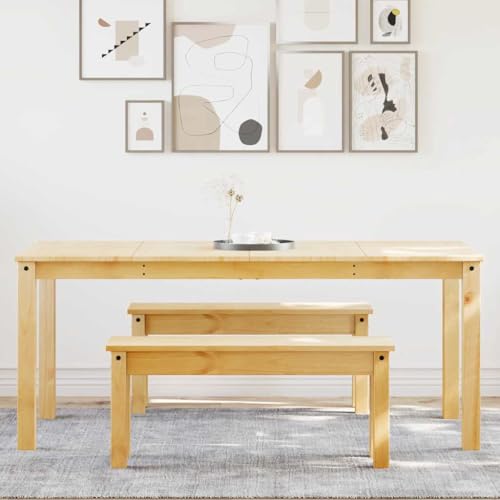 Homgoday Juego de Comedor Panama 3 pzas Madera Maciza de Pino Conjunto Mesa y sillas de Comedor, sillas Comedor, Set Muebles de Cocina para el Hogar, la Oficina y el Café Longitud180 cm