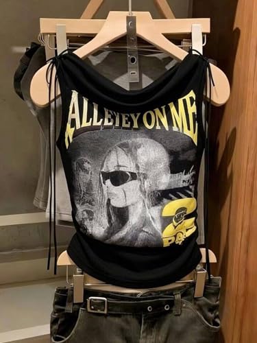 Image of ICW Women's Graphic Print Ruched Side-Tie with Bra Pads Off-Shoulder Vintage Streetwear Sleeveless Cami Crop Top Dn5152