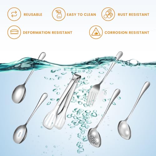Serving Utensils Set for Partie, Silver Stainless Steel Metal Serveware Large Serving Spoons, Slotted Spoons, Forks, Tongs, Soup and Skimmer Spoon, Cake Server for Buffet, Catering, Entertaining 15pcs - Image 4