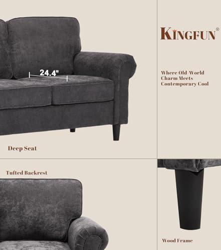 Image of Kingfun Loveseat 2 Seater Couch with Chair, Mid Century Modern Chenille Sofa Set with Rolled Arms and Deep Seats, Fluffy Comfort for Living Room, Apartment, Easy Assembly, Grey