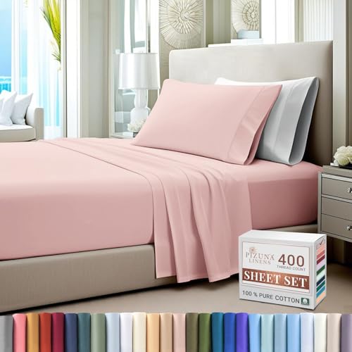 Pizuna Pure 100% Cotton Twin Bed Sheet Set Light Pink, 400 Thread Count Cozy Luxury Long Staple Cotton Sateen Weave Bedsheet Set (1 Flat Sheet, 1 Fitted Sheet, 1 Pillowcase)