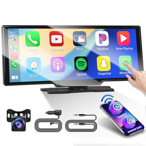 Hikity Portable Wireless Carplay Android Auto 10.26" Car Play Screen for Car, with 1080p Backup Camera, Dash Mount, Support Bluetooth, GPS Navigation, FM Transmitter, Airplay for Car