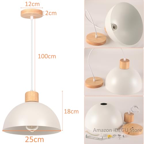 iDEGU Set of 2 Retro Pendant Light Fixtures E27 Ceiling Light Modern Scandinavian Style 25cm Hemisphere Hanging Lampshade Metal Wood Pendant Light for Bedroom Dining Room Kitchen Restaurant (White) - Image 4