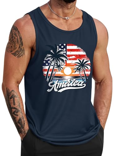 VOGSTART Men American Flag Tank Tops Funny Soft Tee Print Gym Graphic Stylish Shirt Navy Gulf L