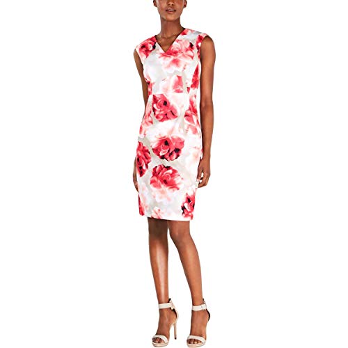 Calvin Klein Women's Sleeveless Printed Sheath with V Neckline Dress, Khaki Multi, 4