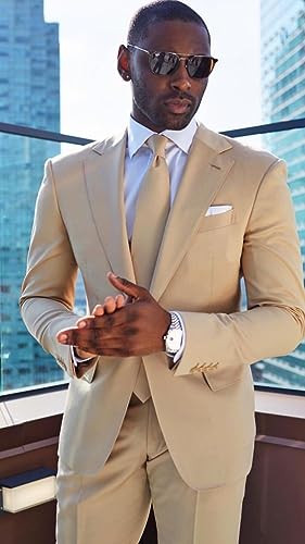 Mens Beige Slim Fit Business Leisure Groom Tuxedo Party Prom Wedding Dress Suit Blazer Pants Tie2