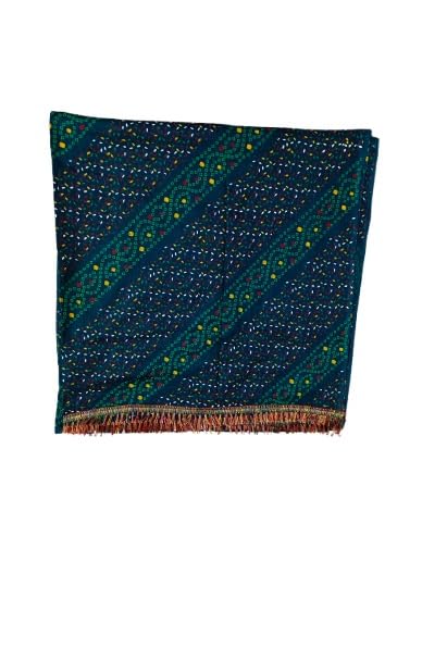 Image of Teal Bandhani Print Dupatta for Women | Multicolour Embroidered Design with Fringe Border