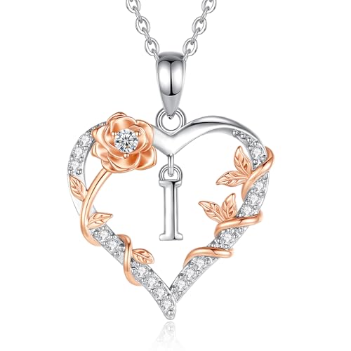 EUDORA Harmony Ball Collier avec Initiale I en Forme de Cœur et de Rose pour Femme, Lettre I de l'alphabet, Pendentif en Cuivre Plaqué Rhodium avec Zircone...