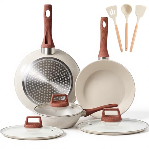 La mejor comparación de Sartenes de Cocina , tabla con los diez mejores. 41 Juego de 9 Sartenes con Recubrimiento Antiadherente, Bateria de Cocina Con Tapas, Sartén para Freír con Mango Resistente al Calor, Apto para todas las estufas,Fácil Limpieza