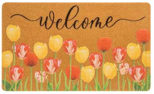 Floral-Welcome-Doormat for Spring-Outdoor Entrance Faux-Coir Entryway-Rug Non-Slip Dirt-Trapping Indoor-Outside Porch 17x30Inch