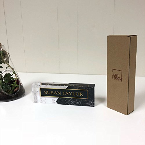 Artblox Personalized Name Plate for Desk | Black & White Marble Design On Clear Acrylic Glass | Custom Desk Name Plate Personalized Name and Credentials for Teacher Phd Military Office Name Plate