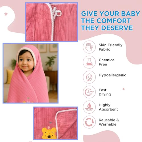 Image of DIVYAM Kids Bath Towel - 425 GSM Soft Microfiber Towel for Newborns, Toddlers & Kids - Lightweight & Absorbent - Cute Bear Design - Deep Pink Color - 120 x 60 CM - Set of 1