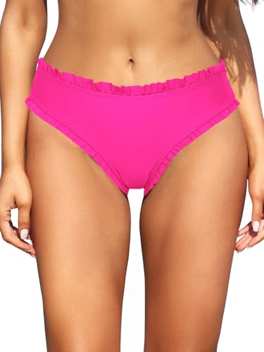 SHEKINI Women's Bikini Bottoms Middle Waist Frill Trim Swimsuit Bottom Summer Beach Swim Briefs, Hot Pink, Medium