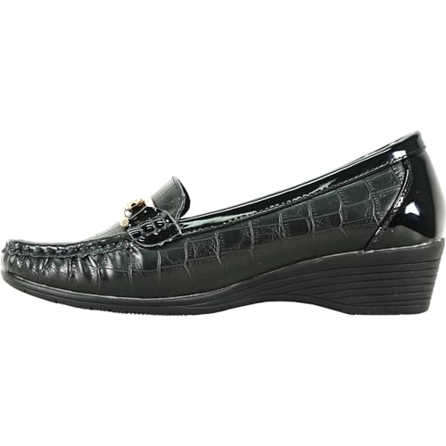 Image of KOZI Women Comfort Casual Wedge Shoe Slip-On Loafer ML Collection Round Toe Penny Loafer Removable Insole Black Champagne