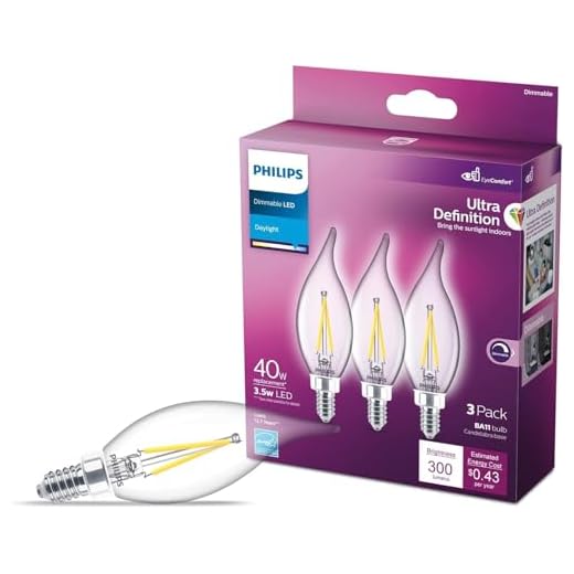 PHILIPS LED 60W BA11 E12 Base 3-Pack Ultra Definition Daylight (5000K) 500 Lumen (5W = 60W) Dimmable Clear Flicker-Free Candelabra Light Bulbs