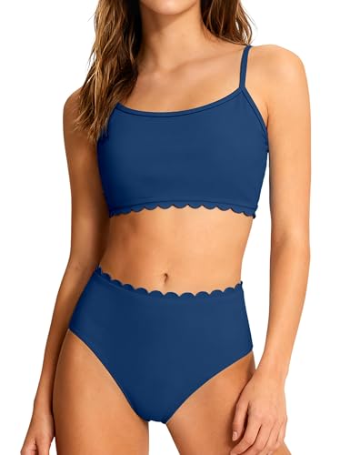 Image of Girls Swimsuit Two Piece Bathing Suit Ruffle Trim Swimsuits for Girls Tankini with Drawstring Shorts Swimwear 9-18Y