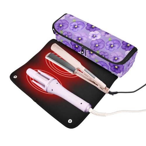 Organizador y Mat de Resistente al Calor 2 en 1 para Herramientas de Cabello con Cierre Impermeable para Planchas y Rizadoras, Diseño Púrpura Flores Pansy miniatura 2