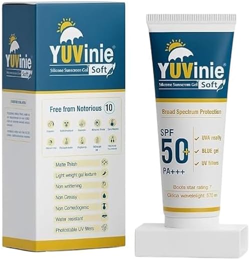 YUVinie Soft Silicone Sunscreen Gel SPF 50+ PA+++ | Broad Spectrum Protection Against UVA, UVB, Blue Light &amp; IR | Lightwei...